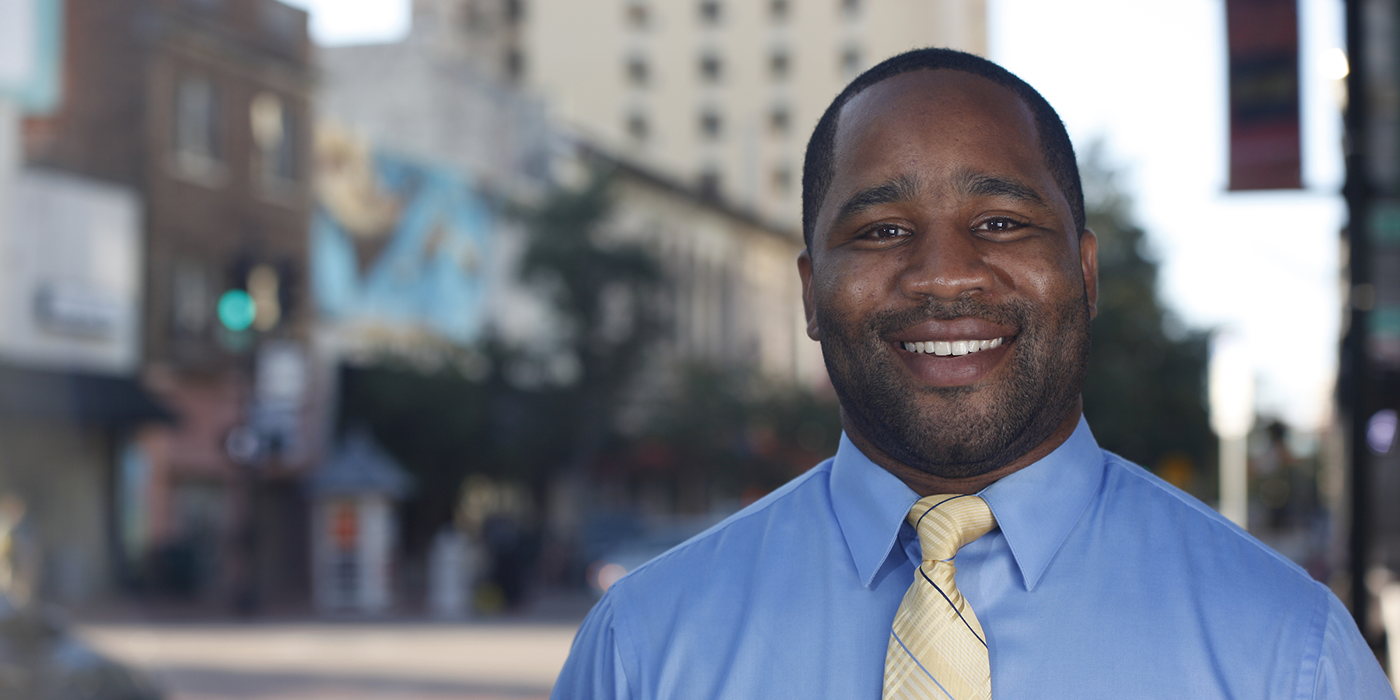 A man in a downtown setting