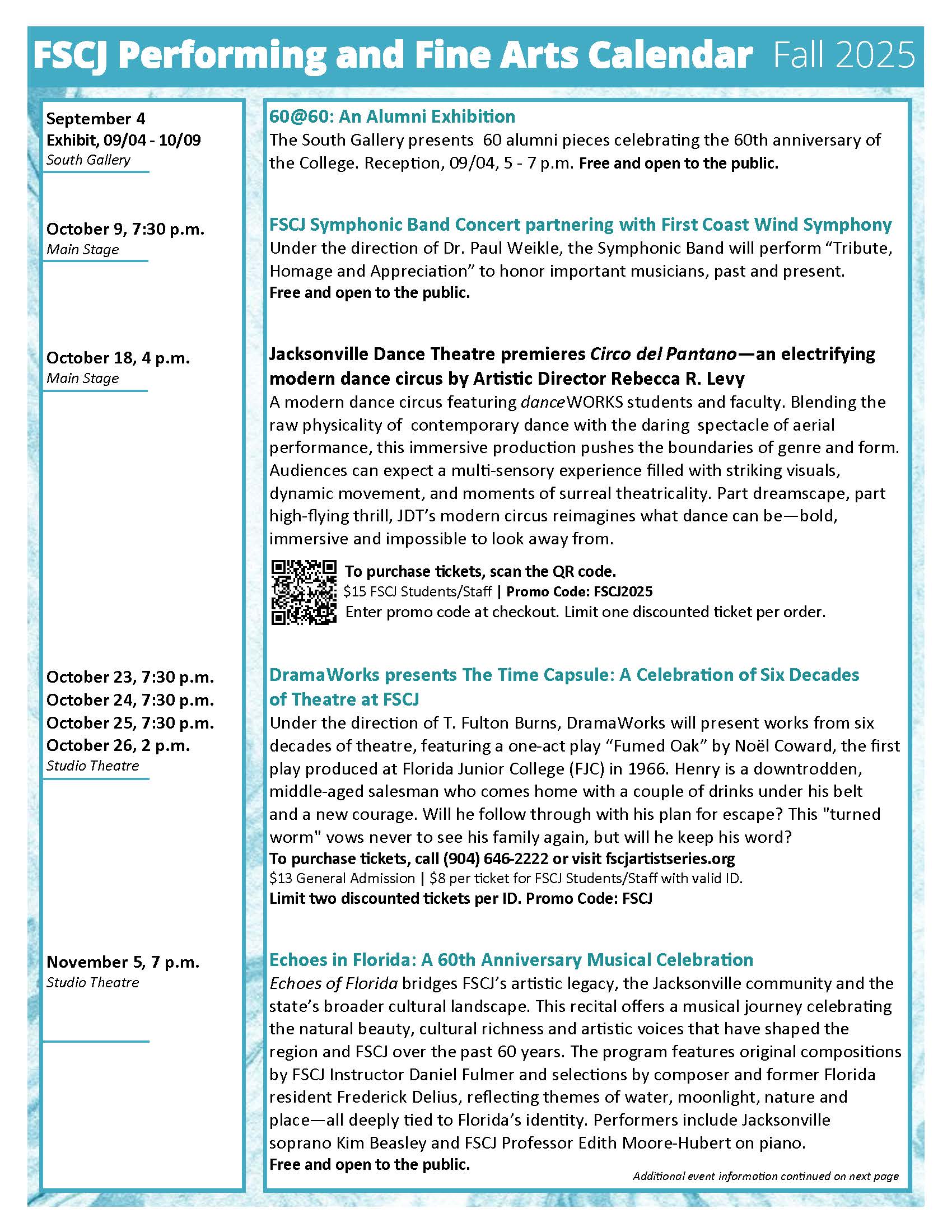 Fall 2025 Fine Arts calendar pg 1